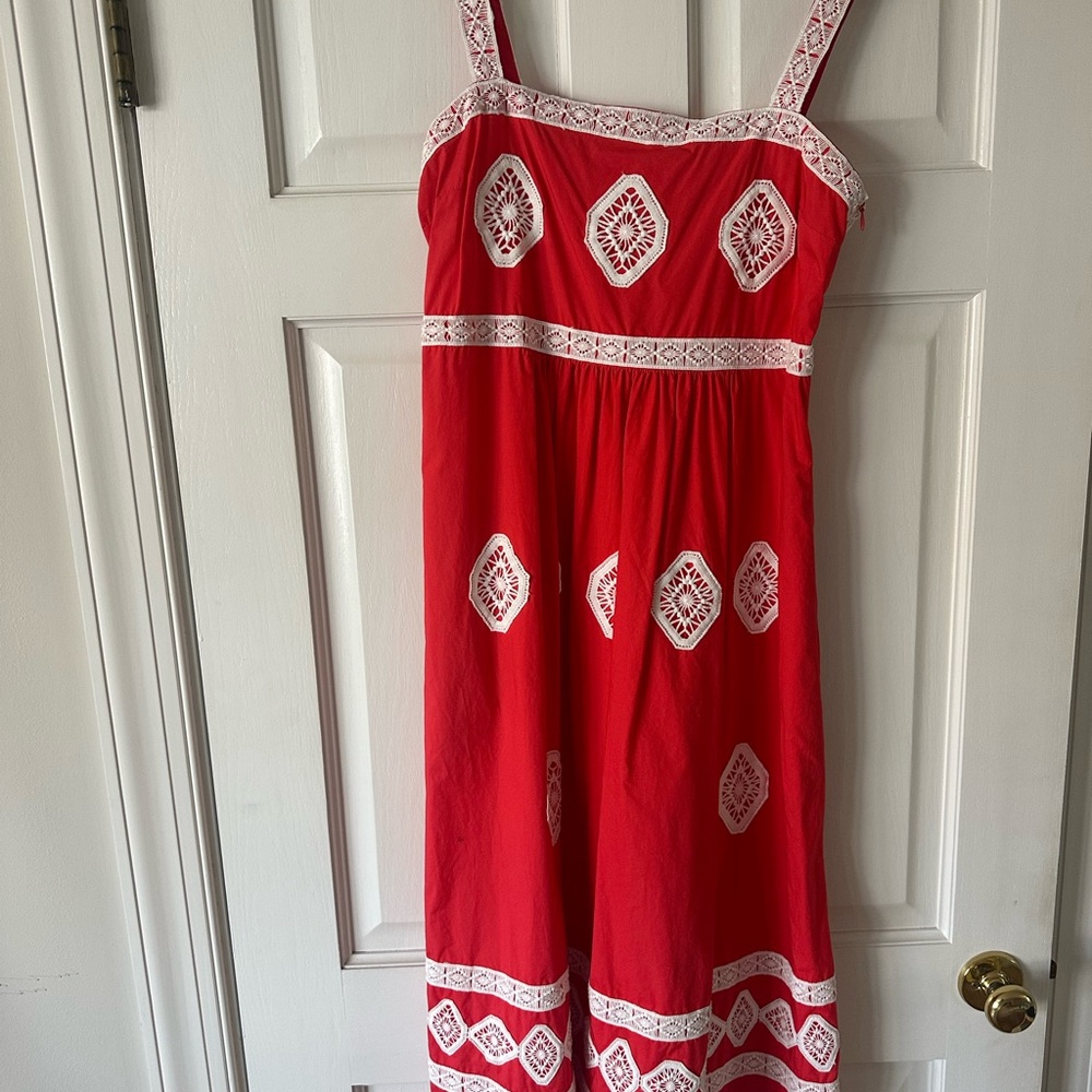 Tyler Boe Red Dress with White Crochet Trim